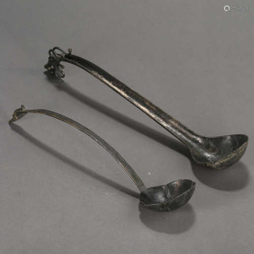 TANG DYNASTY, TWO CHINESE  STERLING SILVER SPOONS. ONE IS WITH DRAGON HEAD HANDLE, WITH A BALL IN MOUTH, ANOTHER IS WITH PHOENIX HEAD HANDLE