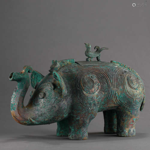 HAN DYNASTY, BRONZE ELEPHANT WITH A BIRD STANDING ON ITS BACK