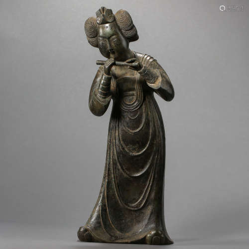 TANG DYNASTY, CHINESE BRONZE LADY PLAYING A FLUTE