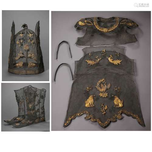 LIAO DYNASTY, A SET OF CHINESE SILVER MADE WOMAN CLOTH, INCLUDING A HAT, A PAIR OF  BOOTS, PARTLY SILVER GILT