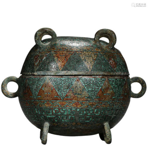 WARRING STATES PERIOD, BRONZE CENSER WITH A LID, INLAID WITH GOLD AND SILVER, AND TURQUOISE
