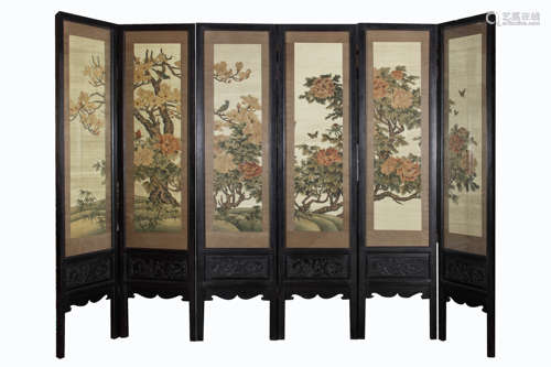 QING DYNASTY, SIX EMBROIDERY FLOWER AND BIRD FIGURE MAHOGANY SCREEN