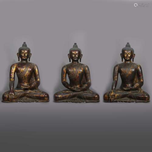 MING DYNASTY, THREE BRONZE GILT BUDDHA STATUES