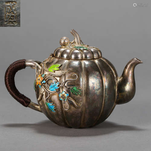 QING DYNASTY, CHINESE STERLING SILVER PUMPKIN SHAPED POT MADE BY PALACE MANUFACTURING OFFICE, FEATURES WITH BLUE AND ORANGE FLOWERS