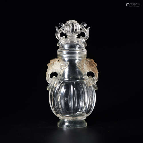 QING DYNASTY, CHINESE CRYSTAL POT WITH LID MADE BY PALACE MANUFACTURING OFFICE. IT FEATURES FLOWER HANDLES WITH ENGAGED RINGS.