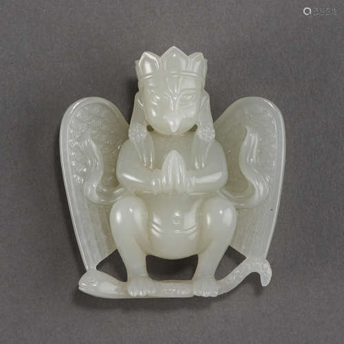 MING DYNASTY, HETIAN JADE CARVED HALF BIRD HALF HUMAN FIGURE.