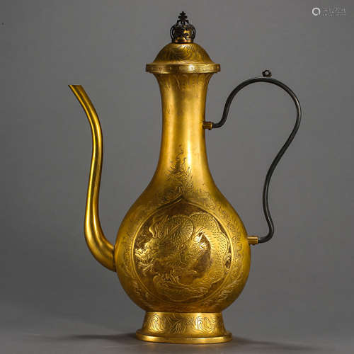 CHINA'S MING DYNASTY SILVER GILT POT WITH SLENDER HANDLE AND SPOUT