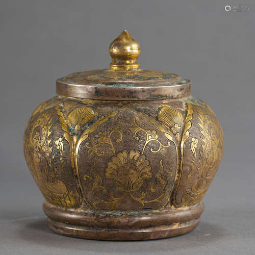 TANG DYNASTY, SILVER GILT POT WITH LID, FEATURES BUDDHA AND FLOWERS