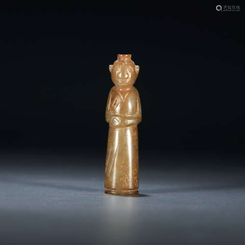 HAN DYNASTY, HETIAN JADE CARVED STANDING HUMAN FIGURE