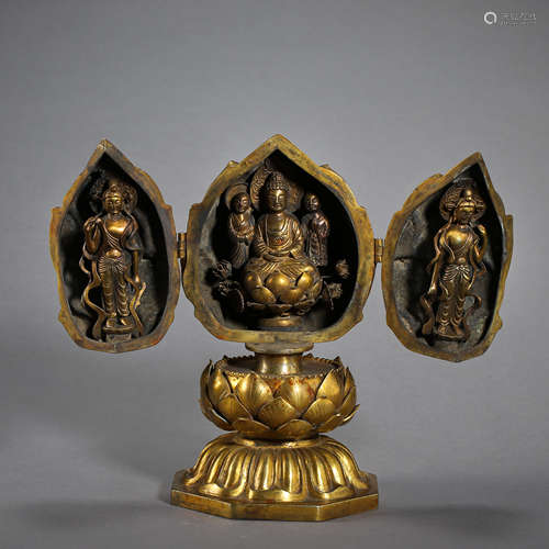 ANCIENT CHINESE GILT BRONZE BUDDHA NICHE