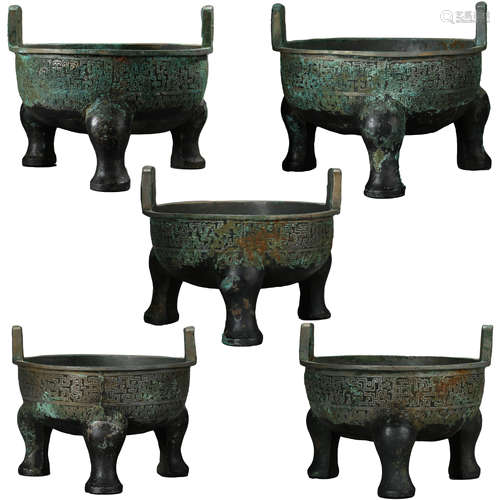 HAN DYNASTY, FIVE BRONZE TRIPOD DING