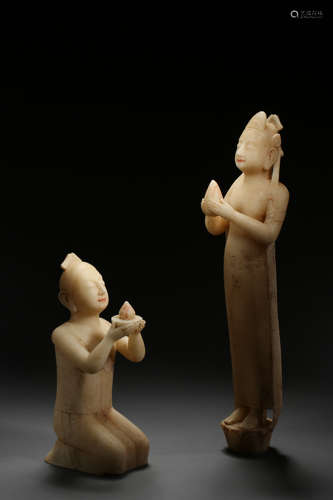 TWO NORTHERN QI TYPE CHINESE WHITE MARBLE CARVED DONORS