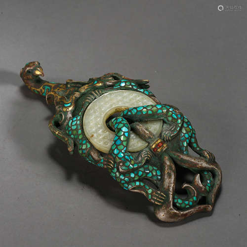 WARRING STATES PERIOD, BRONZE BELT HOOKS INLAID WITH GOLD, SILVER, AND JADE