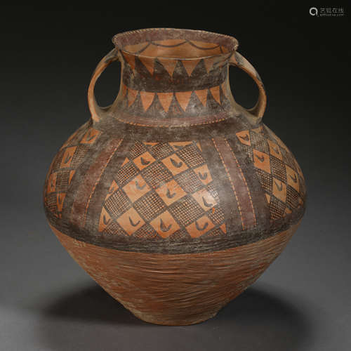 CHINESE MAJIAYAO CULTURE, PAINTED POTTERY POT WITH TWO HANDLES