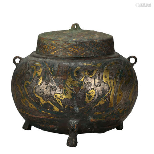 HAN DYNASTY, BRONZE POT INLAID WITH GOLD AND SILVER