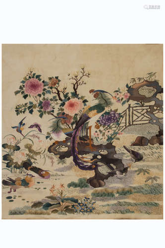 CHINA QING DYNASTY KESI TAPESTRY HANGING PANEL, PEONY PATTERN