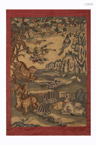 QING DYNASTY, CHINESE SILK KESI HANGING PANEL, BEASTS