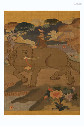 QING DYNASTY, CHINESE SILK KESI HANGING PANEL, ELEPHANT