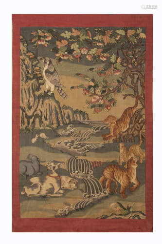 QING DYNASTY, CHINESE SILK KESI HANGING PANEL, TIGERS