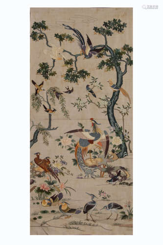 QING DYNASTY, CHINESE SILK KESI HANGING PANEL, PHONEIX