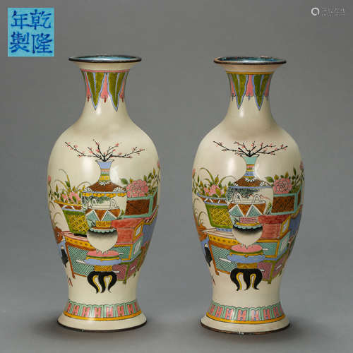 A PAIR OF ANCIENT CHINESE COPPER AND ENAMEL BOTTLES