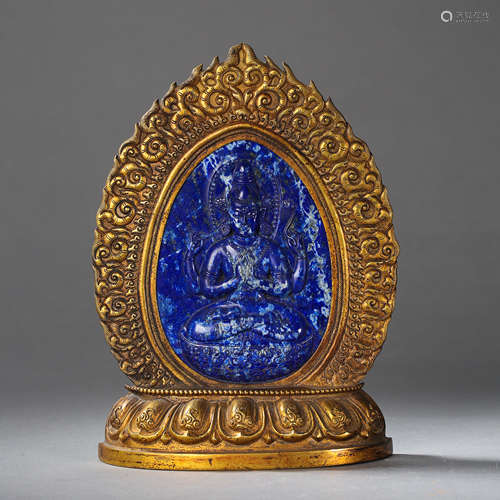 ANCIENT CHINESE GILT BRONZE BUDDHA STATUE INLAID WITH LAPIS LAZULI