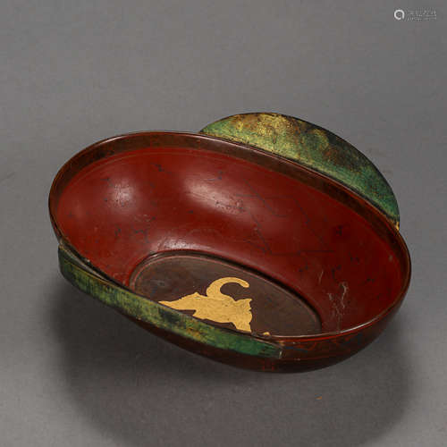 ANCIENT CHINESE LACQUERWARE BOWL WITH TWO HANDLES