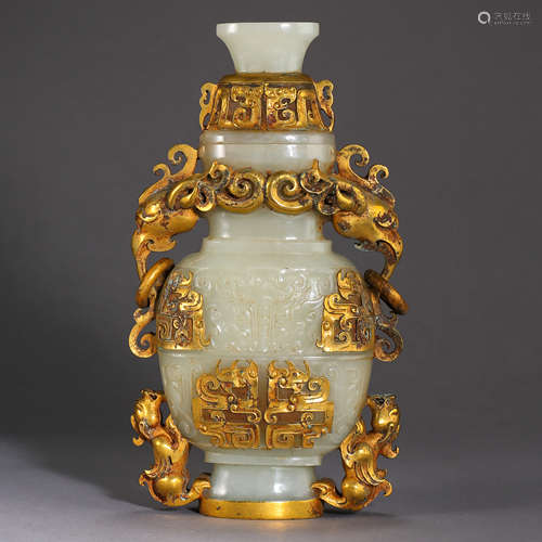 ANCIENT CHINESE HETIAN JADE INLAID GOLD BOTTLE