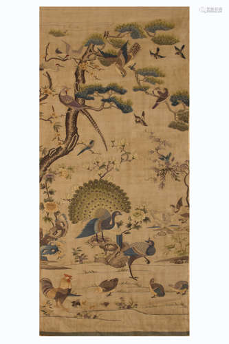 QING DYNASTY, CHINESE SILK KESI HANGING PANEL, PEACOCK