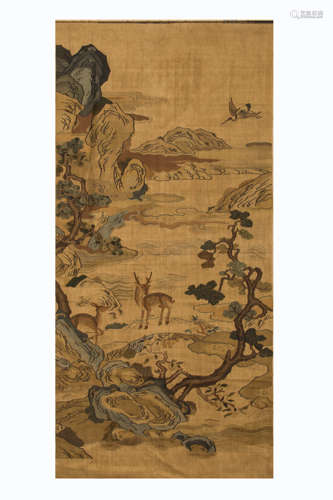 QING DYNASTY, CHINESE SILK KESI HANGING PANEL, DEERS