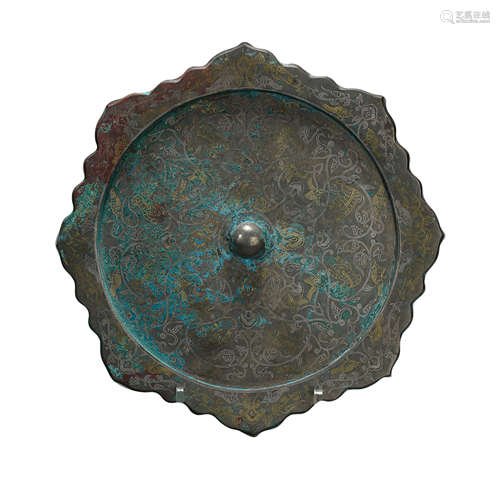 HAN DYNASTY, CHINESE BRONZE MIRROR INLAID WITH GOLD AND SILVER