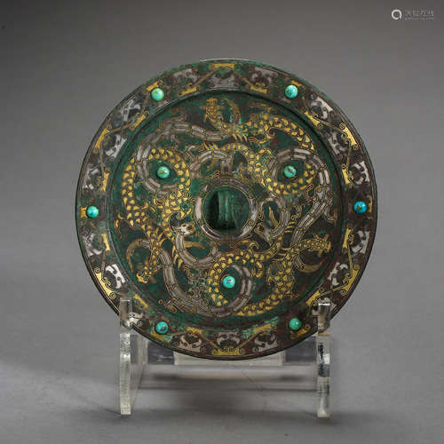 HAN DYNASTY, CHINESE BRONZE MIRROR INLAID WITH GOLD AND SILVER