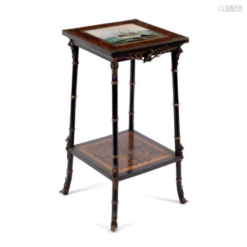 A French ebonised and marquetry inlaid occasional table,