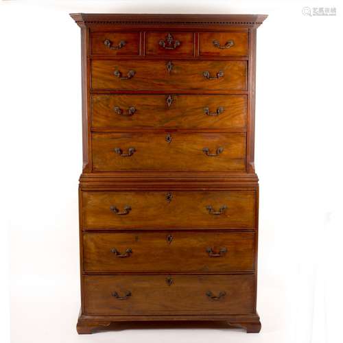 A George III chest on chest, fitted with three short over six long drawers, on bracket feet,