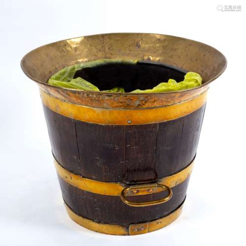 A 19th Century coopered oak log bin, brass bound with brass lip and carry handles, 33cm x 40.