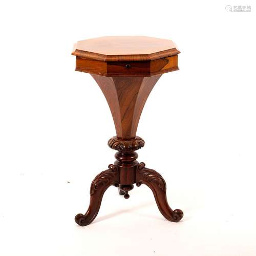 A Victorian worktable, of octagonal shape on carved tripod base,