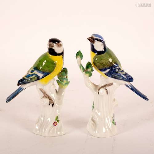 Late 19th Century Meissen birds, blue tit and great tit, each modelled perched on a stump,