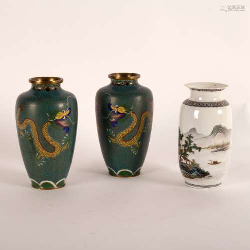 A pair of cloisonné vases decorated dragons, 18cm high and a Republic style porcelain vase,