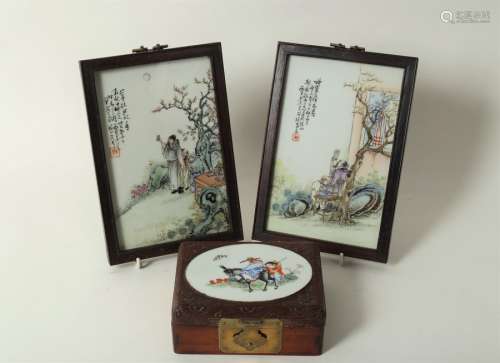 A pair of 20th Century Chinese porcelain panels, one depicting a scholar beneath a tree,
