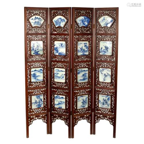 A Chinese four-panel screen, each panel set with four 19th Century blue and white porcelain plaques,