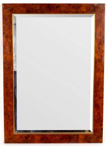 A burr walnut framed wall mirror, fitted a bevelled plate, total size 89cm x 63.