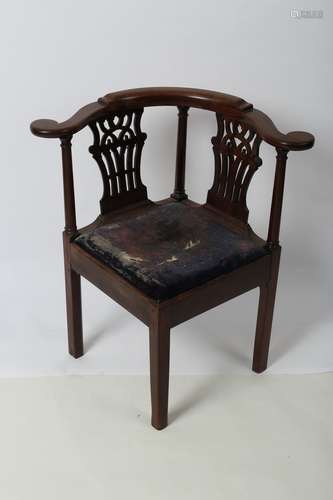 A Georgian mahogany corner chair, with pierced splats,