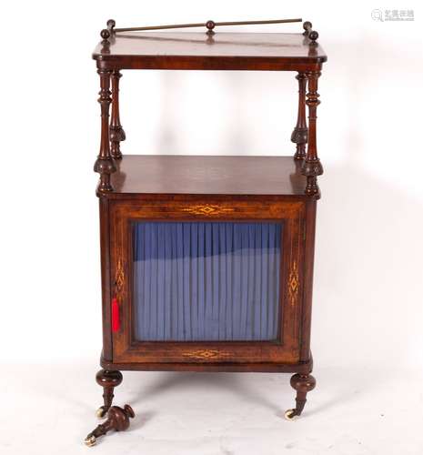 A Victorian walnut and inlaid side cabinet, the upper tier on turned supports,