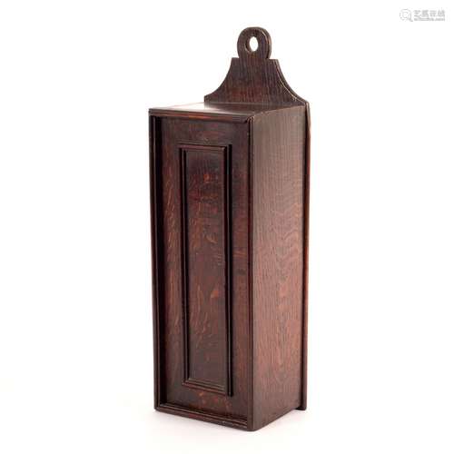 An 18th Century oak candle box with sliding front cover,