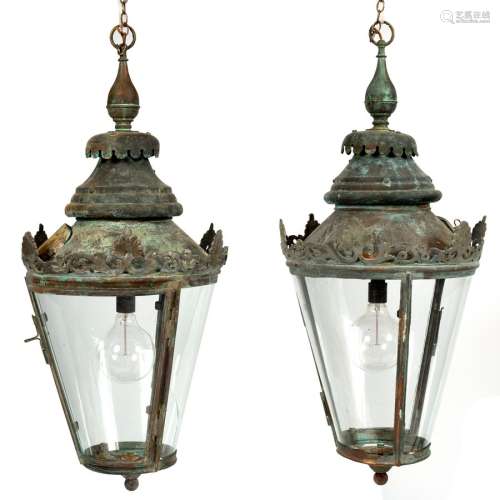 A pair of copper framed hall lanterns with crown tops and bow front glass panels to the sides, 96.