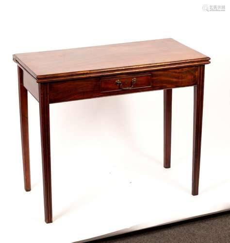 A George III mahogany tea table, fitted a drawer on moulded square tapering legs, 85.