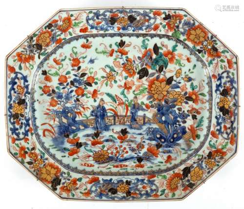A Chinese export meat dish, circa 1760, with clobbered decoration in red,