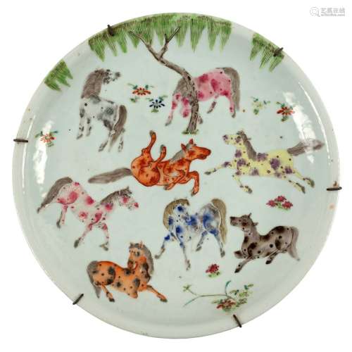 A Chinese famille rose 'Eight Horses of Mu Wang' dish, Qing dynasty,