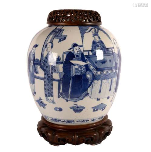 A 19th Century Chinese blue and white ginger jar, decorated figures in interiors, 29.