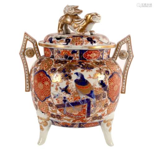 A Japanese Imari censer and cover, the pierced cover with lion dog finial,